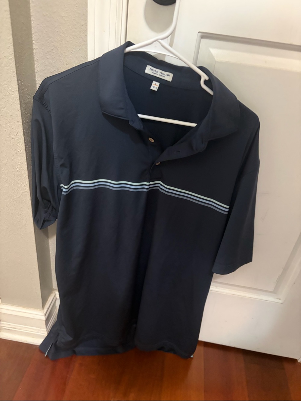 Peter Millar Navy Polo with Light Blue Chest Stripes